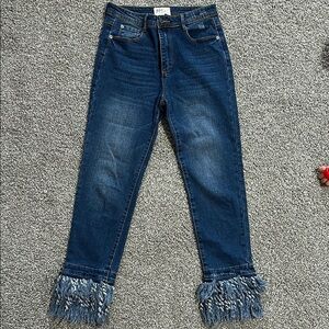Blue Fringed Hem Women Jeans